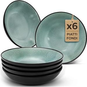 Twinzee Servizio Piatti Moderni 6 Piatti Fondi in Gres 6 per 6 Persone - Compatibile con Microonde - Riviera Collection