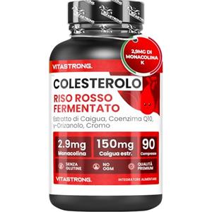 Vitastrong. Riso Rosso Fermentato Colesterolo Vitastrong, 2,9 mg di Monacolina K, Integratori Colesterolo con CoQ10, Caigua, γ-Oryzanol, Policosanolo, e Cromo, 90 Compresse Riso Rosso Fermentato (Red Yeast Rice)