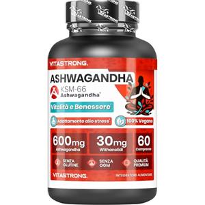 Vitastrong. Ashwagandha KSM-66 Vitastrong, Estratto di Withania Somnifera (Ginseng Indiano) di cui 30mg di Witanolidi, Integratore Ashwagandha Pura 600mg in 60 Compresse 100% Vegan Senza OGM, Glutine, Lattosio