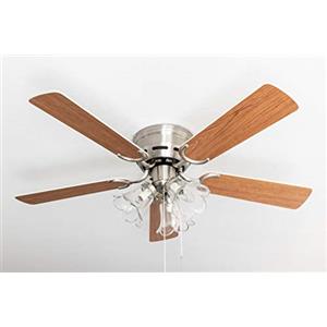 Pepeo Ventilatore da soffitto Kisa Deluxe da 105 cm con ala in nichel spazzolato bianco/acero, illuminazione e interruttore a tirare inclusi