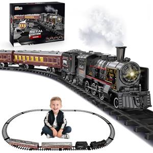 deAO Trenino Natalizio Elettrico Classico con Binario Ovale, Nero | Vapore Vintage con Vagoni Illuminati, Fumo, Suono, ABS, 5 Pezzi Treno + 18 Binari, Regalo Perfetto per Bambini dai 3 Anni+