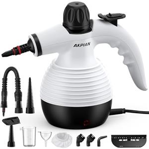 AKPIAN Pulitore a vapore manuale, 1050 W, con 10 accessori per la pulizia senza sostanze chimiche di fornelli, forni, fughe e piastrelle, anche per finestre, bagno e auto (bianco)