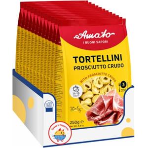 Generic Amato Tortellini Secchi Ripieni al Prosciutto Crudo 250 g, Pasta all'Uovo di Semola di Grano Duro, Ideali in Brodo o con Panna, Confezione Multipla 4/8/12 Pezzi (12 PEZZI)