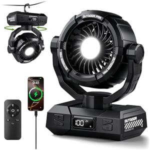 Stjiatu Ventilatore portatile da campeggio, 10000 mAh, alimentato a batteria, ultra sottile, con lanterna a LED, telecomando, gancio per tenda, fino a 26 ore di autonomia, rotazione di 120°, ventilatore da