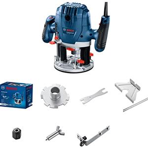 Bosch Professional: Fresatrice verticale GOF 130 (guida parallela, bullone di copia, adattatore per aspirapolvere, mandrino di centraggio, rullo guida, 2 morsetti di fissaggio)