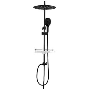 Görbach Colonna Doccia senza Miscelatore, Colonna Doccia Acciaio Inox con Saliscendi Doccia Altezza Regolabile 74-114cm, Set Doccia a Pioggia con Doccetta e Mensola, Soffione D30cm, Nero