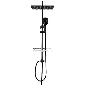 Görbach Colonna Doccia senza Miscelatore, Colonna Doccia Acciaio Inox con Saliscendi Doccia Altezza Regolabile 74-114cm, Set Doccia a Pioggia con Doccetta e Mensola, Soffione 30x30cm, Nero
