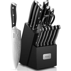 Yabano Set Coltelli da Cucina,14 Pezzi Coltelli Cucina in Acciaio Inox, Set Coltelli con Ceppo e Affilacoltelli Integrato, Manici in ABS Forgiato