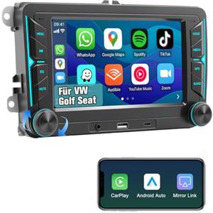XVDXVC Autoraido with Wireless CarPlay and Android Auto for VW Golf 5 6 Polo T5 Passat Touran Seat Skoda, 2Din 7Inch with Phone Navigation GPS, RDS/FM/AM, Mirror Link, Bluetooth, Touch Display, NOT Android
