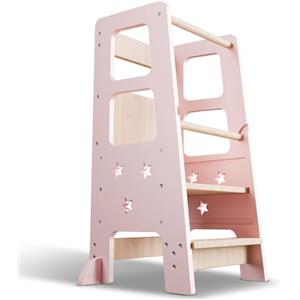 Juskys torre didattica Henny - per bambini da 1 anno, torre Montessoriana, tripla regolazione in altezza, sistema antiribaltamento, sgabello da cucina - rosa