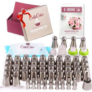 CukkiCakes Beccucci Russi | SET Decorazione per Fiori di Torta/Cupcake 92 Pezzi: 65 Beccucci Sac a Poche + 20 Tasche da Pasticcere Usa e Getta + 1 Sacca in Silicone + 4 Adattatori + Guida