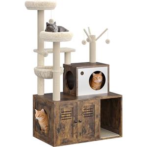 Garvee Mobile Copri Lettiera per Gatti - Tiragraffi Moderno Multi-Livello in Legno, Amaca, Cestello, Torre Salvaspazio, Colonne Tiragraffi, Condominio Integrato - Ideale per Interni - Colore Classico