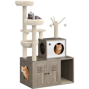 Garvee Mobile Copri Lettiera per Gatti - Tiragraffi Moderno Multi-Livello in Legno, Amaca, Cestello, Torre Salvaspazio, Colonne Tiragraffi, Condominio Integrato - Ideale per Interni - Colore Smoke