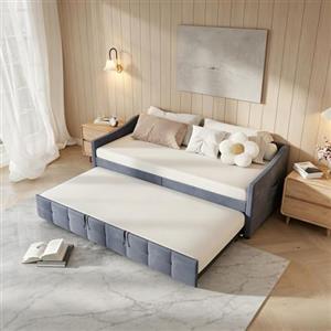 PerGar Divano letto 90/180 x 200 cm, letto allungabile con rete a doghe in legno, divano letto con cassetta, letto estraibile, letto singolo/matrimoniale, in flanella, senza materasso (grigio)