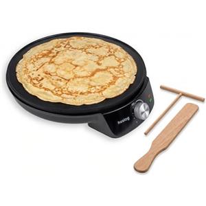 Huslog Crepiera Elettrica 1200W, Ø29 cm, Temperatura Regolabile, Piastra Antiaderente con Bordo Rialzato, con Spargitore e Spatola in Legno, per Crêpes, Pancake, Tortilla, Tacos, Nero