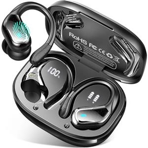 Rulefiss Cuffie Bluetooth Sport, 75 Ore Auricolari Bluetooth 5.4 con 4 ENC Mics, Stereo Cuffie Wireless Antirumore, IP7 Impermeabili Cuffiette Bluetooth con Display LED, Cuffie Senza Filo per Palestra/Running