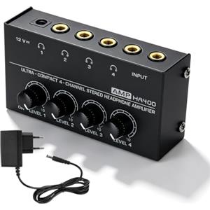 Keltorio Amplificatore per cuffie stereo a 4 canali: amplificatore per cuffie in metallo, amplificatore per cuffie con controllo del volume indipendente, uscita TRS da 1/4 e ingresso per studio