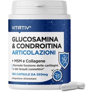 VITATIV Integratore Articolazioni Glucosamina Condroitina MSM, 180 Capsule | 1500 mg Glucosamina Vegetale, 300 mg Condroitina Bovina, Collagene e Vitamina C, Cartilagini, Tessuti Connettivi, 45 Dosi