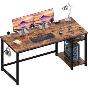 JUMMICO Scrivania per Computer 140x50 cm, Scrittoio da Lavoro con Ripiani Regolabili Sinistra/Destra, Struttura in Acciaio, Stile Industriale, per Ufficio e Soggiorno, Marrone