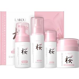 LAIKOU Set Regalo Skincare Sakura 4 Pezzi (Detergente Schiuma 100ml + Tonico 100ml + Siero 30ml + Crema Viso 50g) con Estratto di Fiori - Regalo per Giovani Donne Idratazione e Luminosità
