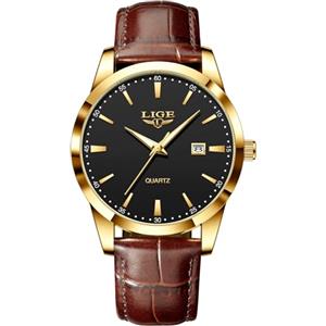LIGE Orologio Vintage Uomo Elegante Analogico Quarzo Classico Wrist Watches For Men Impermeabile In Vera Pelle Pointer Luminoso Business Orologio Da Polso Uomo Con Data,Oro nero