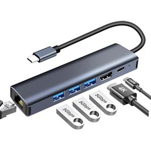 Yeecka Hub USB C Ethernet Gigabit 6 in 1 Adattatore con HDMI 4K@30Hz, PD 100W, 3 USB-A 3.0 5Gbps, Docking Station USB C per iPhone serie 16/15,MacBook Pro/Air, iMac, iPad Pro,Samsung