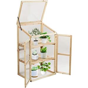 GYMAX Mini Serra Portapiante, in Legno e Policarbonato, Aiuola Trasparente a 3 Piani, Serra Vegetale, Coltivatore con Coperchio Apribile, Fioriera per Balcone, Giardino e Cortile, 60x45x100 cm