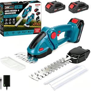 Purova Tagliasiepi a Batteria 21V (Lama 23cm), Forbici Tagliaerba a Batteria 2 in 1 (Lama 12cm) con 2 x 2000 mAh Batterie, Lame SK5 per Giardino e Prato (Blu)
