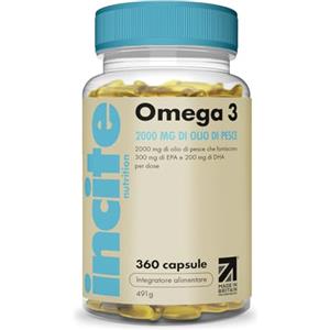 Incite Nutrition Capsule di Olio di Pesce Omega 3 2000 mg. 360 Capsule Molli. Fornitura da 6 Mesi di Acidi Grassi Omega3 EPA e DHA. Non OGM, Prodotte in Regno Unito, Nessun Retrogusto di Pesce