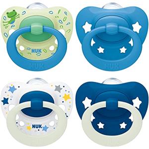 NUK Signature Day & Night ciuccio | 6-18 mesi | Calma il 95% dei bambini | Succhietti a forma di cuore in silicone senza BPA | Glow-in-the-dark | Stelle | 4 pezzi