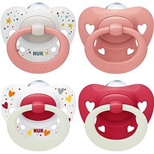 NUK Signature Day & Night ciuccio | 0-6 mesi | Calma il 95% dei bambini | Succhietti a forma di cuore in silicone senza BPA | Glow-in-the-dark | Cuori | 4 pezzi