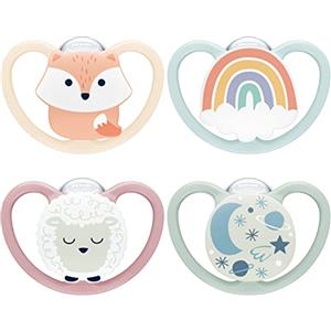 NUK Space Day & Night ciuccio | 0-6 mesi | Succhietti che si illuminano al buio con ventilazione extra per pelli delicate | Silicone senza BPA | Volpe & Pecora | 4 pezzi