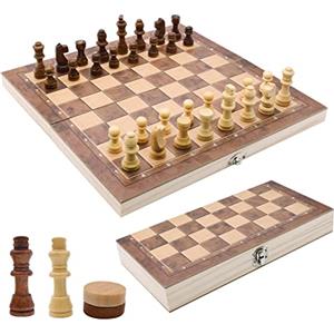 AOKITO Scacchi in legno di alta qualità, scacchiera portatile 3 in 1, pieghevole, per feste, attività da viaggio, per bambini (29x29x2 cm)