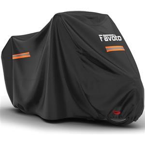 Favoto Telo coprimoto impermeabile per esterno Resistente a Acqua, Polvere, Pioggia, Vento, Escrementi di Uccelli Telo per Moto con strisce riflettenti Nero 220cmx102cmx122cm