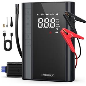 HYCHIKA BETTER TOOLS FOR BETTER LIFE HYCHIKA Avviatore Batteria Auto 1500A - Avviatore Emergenza con Compressore,Booster Avviamento Auto/Moto Portatile (Fino a Tutti i Benzina e 4L Diesel),Doppia USB,600 Lumen LED