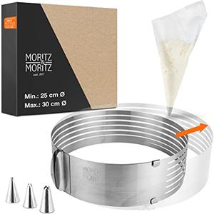 Moritz & Moritz Telaio da forne in acciaio inox con supporto per taglio- Anello per torte regolabile a piacere da Ø 25 cm a 30 cm - Per cuocere e decorare - Con 10 sac à poche e 3 bocchette