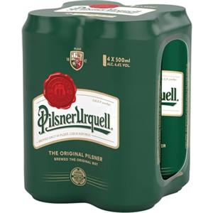 Pilsner Urquell Birra Pils, Multipack Birra con 4 Birre in Lattina da 50 cl, 2 L, Gusto Pieno Intensamente Luppolato, Gradazione Alcolica 4.4% Vol