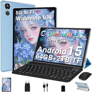DEERTiME Tablet 10 Pollici Android 15 Tablets con Gemini AI, 64GB+2TB TF, GMS, Tablets 5G+2.4G WIFI, Octa-Core 2.0GHz, Face ID,Widevine L1 FHD,BT5.0,Type-C,8MP+5MP, GPS ,Tablet 3 in 1 con Tastiera e Mouse, Blu
