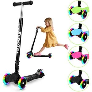Fiqops Monopattino per Bambini da 3 a 12 Anni - Scooter Con 4 Altezze Regolabili, Ruote Luminose a LED, Pieghevole, Facile da Guidare, Freni Posteriori - Scooter da Città (Nero)