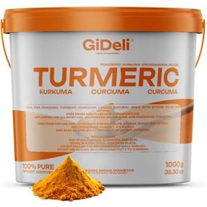 GiDeli Curcuma in Polvere 1kg - 100% Curcuma Longa pura Senza Additivi né Glutine - Macinata fine dal Colore Intenso - Direttamente dall'India - Ideale per Latte d'oro, Curry e Tisane