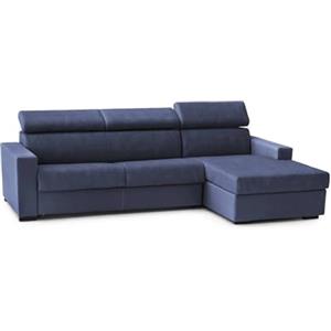 Dmora Talamo Italia - Divano fisso con penisola Mikaela, Sofà ad angolo con chaise longue destra in tessuto, Braccioli slim, 100% Made in Italy, Cm 260x95h85, Blu