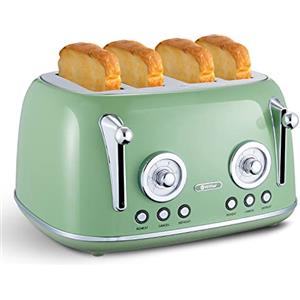 Wiltal Tostapane a 4 fette con fessura lunga, alloggiamento in acciaio inox, con coperchio integrato, grado di doratura 1-6, cassetto raccoglibriciole, tostapane retrò, verde…