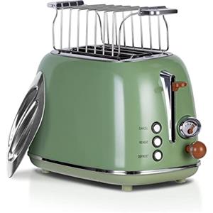 Wiltal Tostapane retrò 2 fette 6 livelli di doratura regolabili, in acciaio inox con inserto per panini di alta qualità, funzione di scongelamento, visualizzazione conto alla rovescia (verde)