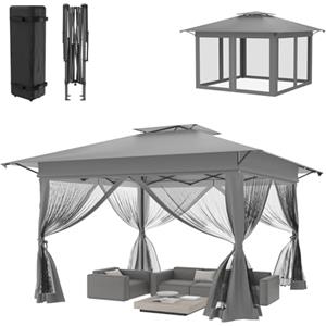 ACXIN Gazebo pieghevole da giardino, 4 x 4 m, grigio, regolabile in altezza, anti-zanzare, per balcone, terrazza, feste all'aperto, eventi, portatile, pieghevole, per giardino, campeggio, picnic