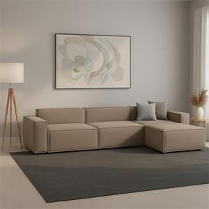 Talamo Italia - Divano fisso con penisola Raffaella, Divano componibile 4 posti con penisola destra, Sofà in tessuto, 100% Made in Italy, Cm 340x170h70, Tortora