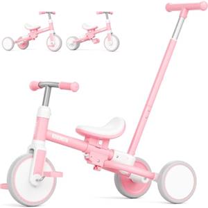 KORIMEFA Triciclo Bambini 1 anno con barra di spinta, triciclo per bambini 5 in 1 da 1 a 3 anni, sedile regolabile, pedali rimovibili, Bicicletta per Bimba e Bimbo (rosa)
