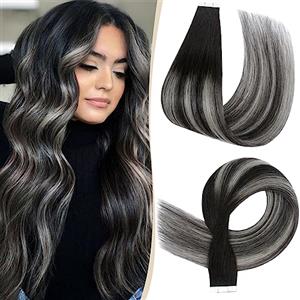 SEGO Extension Adesive Capelli Veri Biadesivo Tape Biadesive Remy Human Hair 25g 50cm - 10 Ciocche/set senza Clip 35 cm #1BT1BPGREY Nero Naturale ombre Grigio