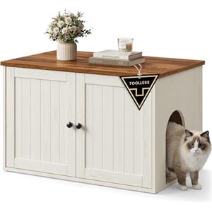 SONGMICS HOME Mobiletto Lettiera per Gatti, Montaggio Rapido Senza Attrezzi Toolless, Mobile Copri-Lettiera, Ante a Pressione, Casetta per Gatti, Bianco Vintage e Marrone Miele PCL233WJ05