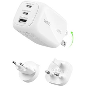 Belkin Caricatore da muro GaN USBC a 3 porte da 100 W, 2 porte USBC e 1 porta USBA, Spine incluse per UE-UK-US, Ricarica Rapida per MacBook, iPhone, iPad Pro, Samsung Galaxy, Google Pixel - Bianco