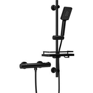 Görbach Colonna Doccia con Miscelatore Termostatico, Set Asta Doccia in Acciaio inox con Doccetta e Tubo, Saliscendi Doccia 70 cm con Mensola, Nero